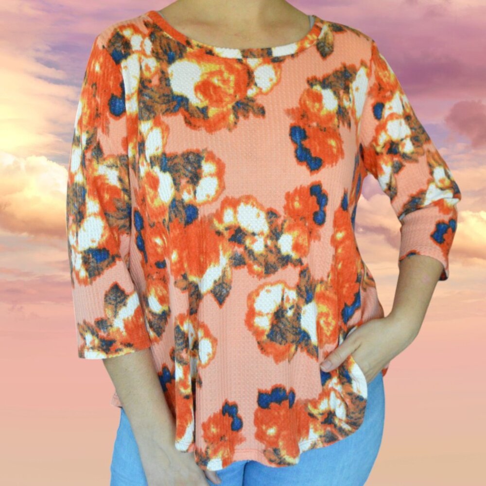 Ruby Rd. Pink Orange Fall Floral Waffle Texture 3/4 Sleeve Top Women's Size XL
